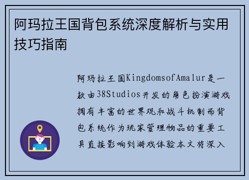 阿玛拉王国背包系统深度解析与实用技巧指南 阿玛拉王国背包系统深度解析与实用技巧指南